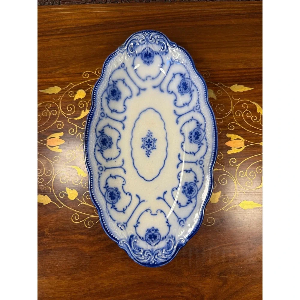 Antique W.H. Grindley Beaufort Flow Blue Dish •‎ Oval Vanity Tray
